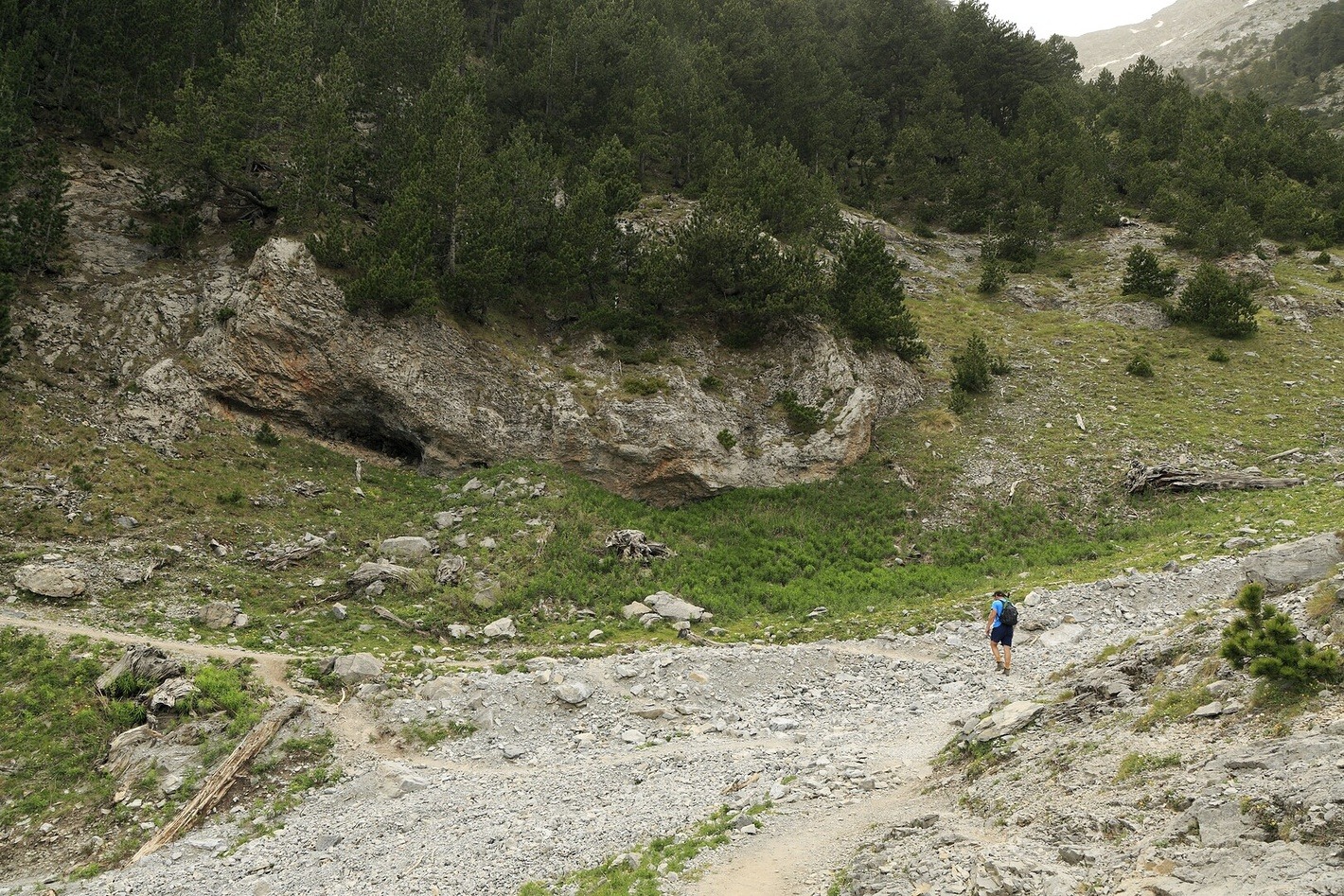 Hikers ascending the rocky Mount Olympus summit trail from Prionia
